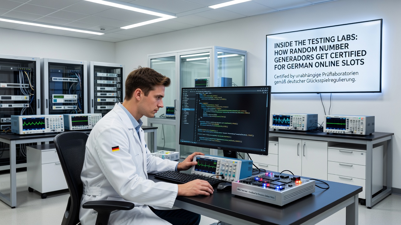 Techniker bei der Durchführung statistischer RNG-Tests an mehreren Monitoren